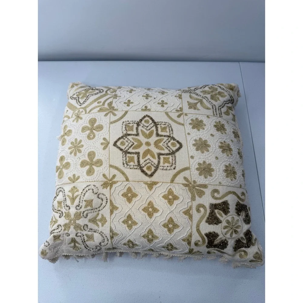 Beaded Throw Pillow Square Cotton Gold Cream Boho Tassel Accent Cushion 18x18
